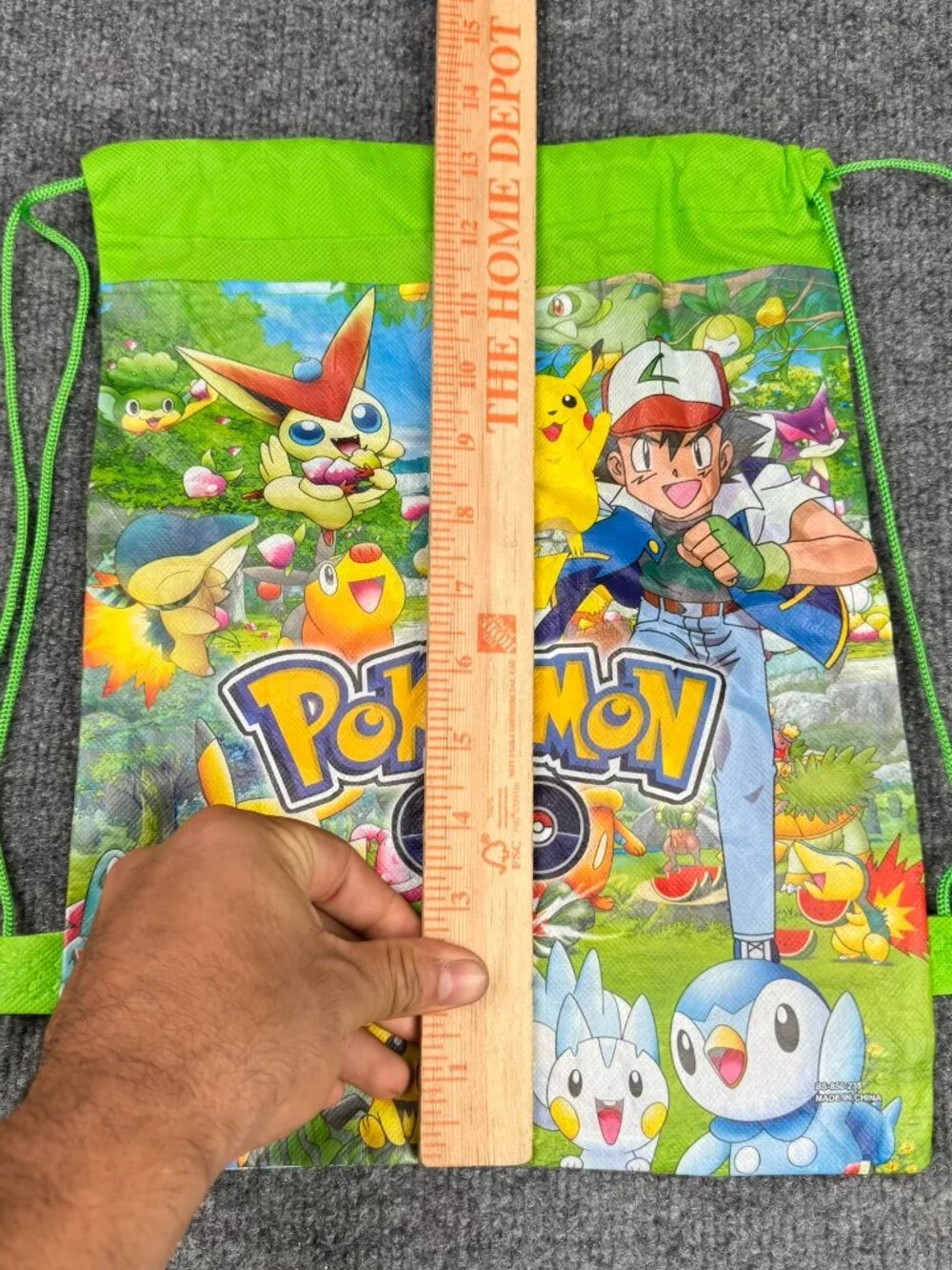 Pokemon Go Green Drawstring Backpack Gym Bag Kids Character Print Ash Pikachu